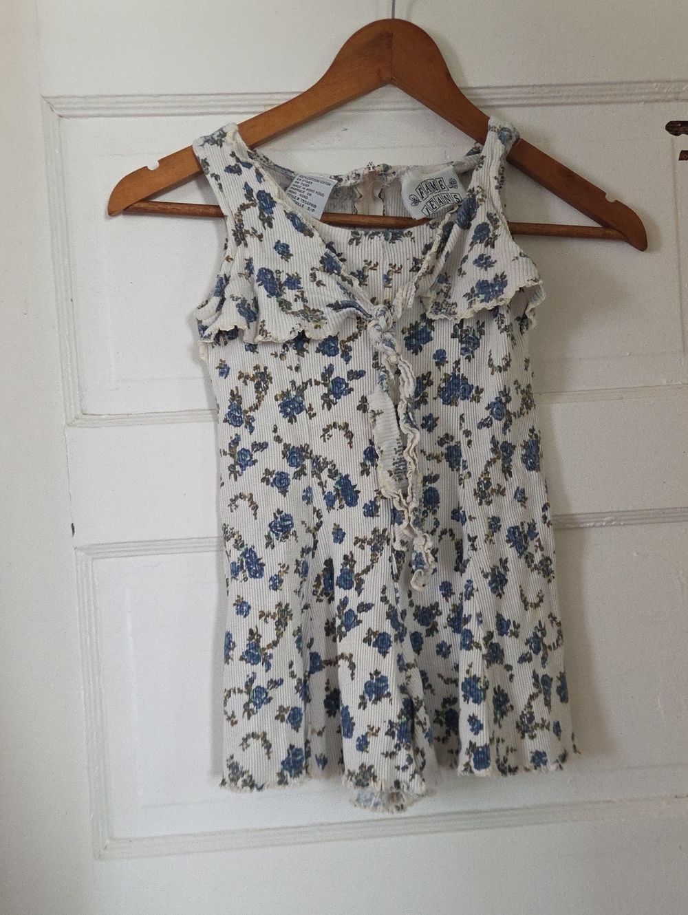 Ruffled Cream Floral Ribbed Girls One-Piece Romper with Blue Roses
